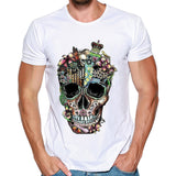 Men T-Shirt Skull Hip Hop Short Sleeve Streetwear T-Shirt Flower Print Summer Men's Funny White Camisetas Heavy Metal Hombre