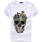 Men T-Shirt Skull Hip Hop Short Sleeve Streetwear T-Shirt Flower Print Summer Men's Funny White Camisetas Heavy Metal Hombre